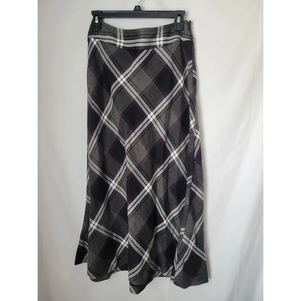 East 5th Women's Size 4 Plaid Midi‎ Skirt A-Line Grey Black Purple White Winter